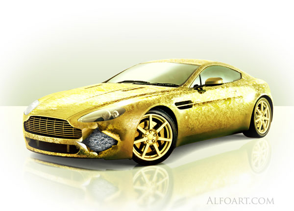 Golden cover Aston Martin  Vantage, beauty design, gold foil effect.