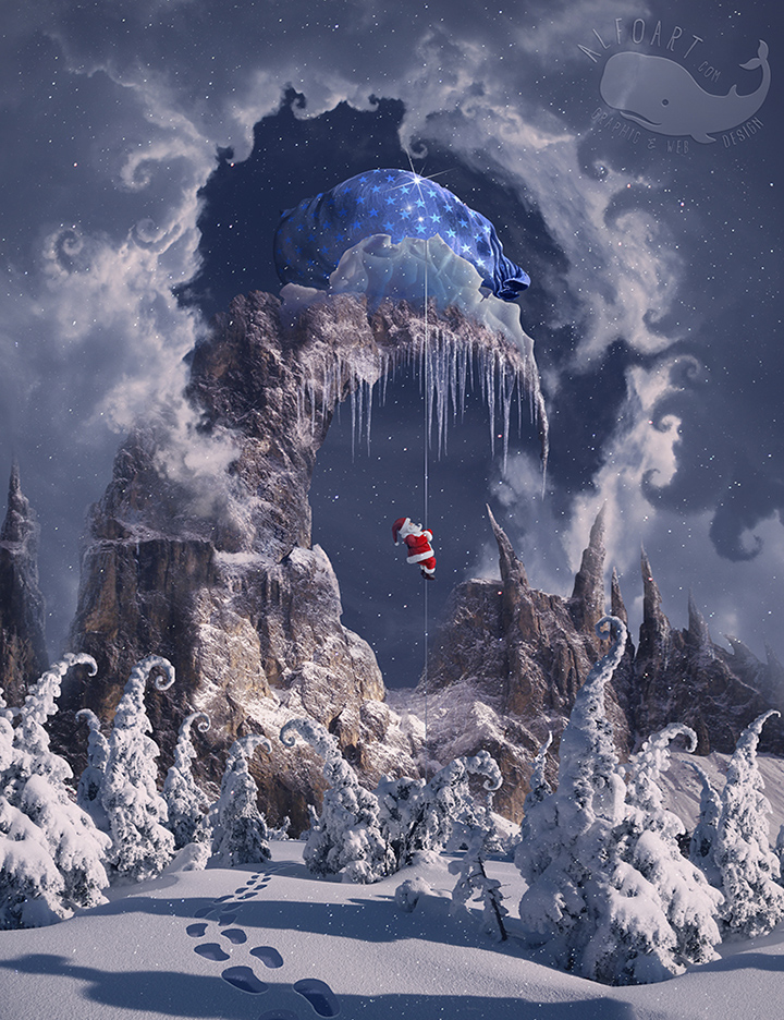 Christmas Gifts Mountain.Learn how to create magic photo manipulation with big curly mountain top using Content-Aware fill option and digital painting techniques. 