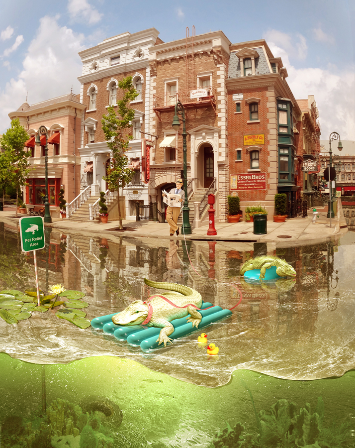 Surreal Comic Scene with Reptiles. Crocodile Promenade. 3D pool float model. Man walking with the crocodile.