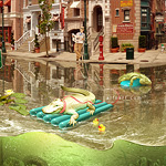Surreal Comic Scene with Reptiles. Crocodile Promenade