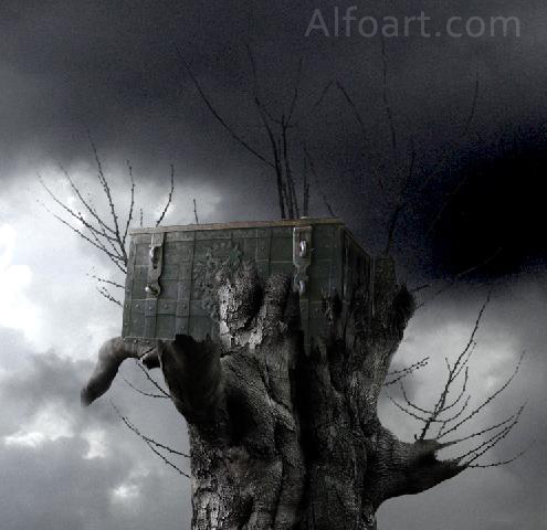 Dark landscape tutorial, mysterious, horror pictures and images, mystic, night, Ghost dog, Photo manipulations, digital art, collage, treasure, Mysterious tree