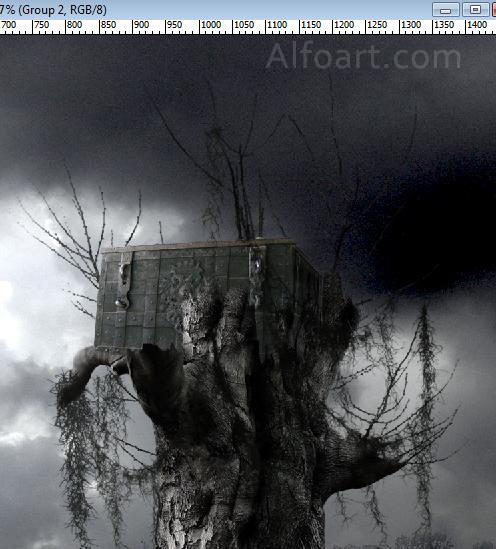 Dark landscape tutorial, mysterious, horror pictures and images, mystic, night, Ghost dog, Photo manipulations, digital art, collage, treasure, Mysterious tree