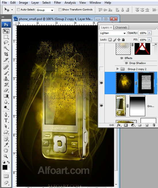 Cocept design, Golden cell phone fragmented into words and sounds.