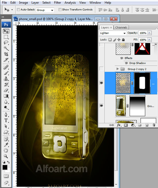 Cocept design, Golden cell phone fragmented into words and sounds.