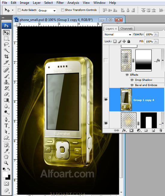 Cocept design, Golden cell phone fragmented into words and sounds.