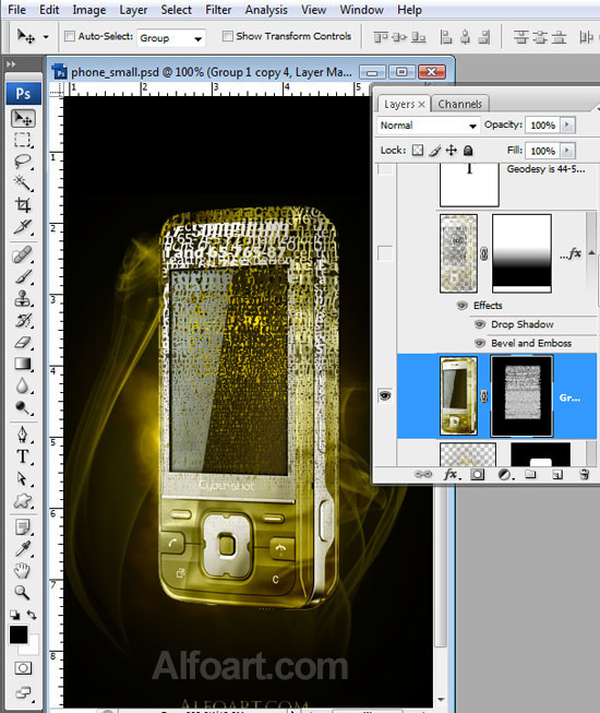 Cocept design, Golden cell phone fragmented into words and sounds.