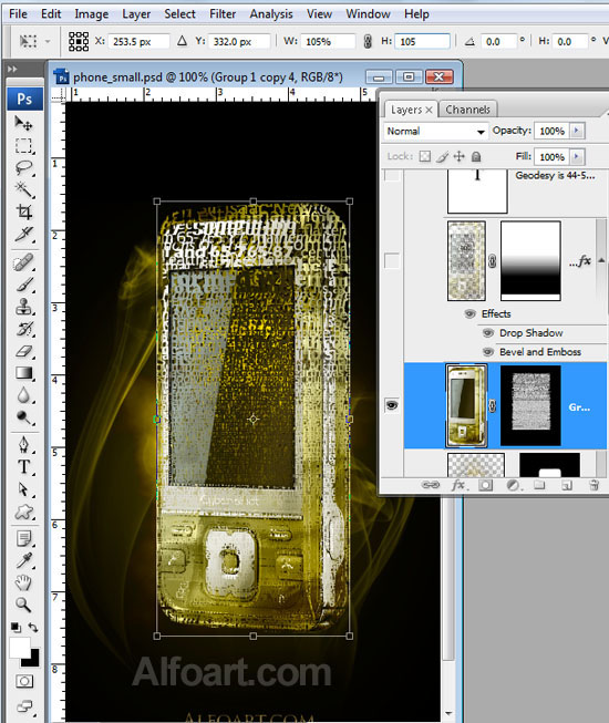 Cocept design, Golden cell phone fragmented into words and sounds.
