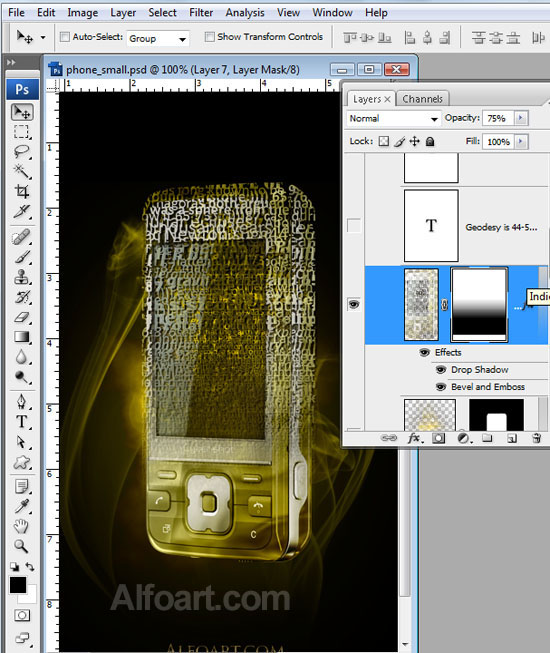 Cocept design, Golden cell phone fragmented into words and sounds.
