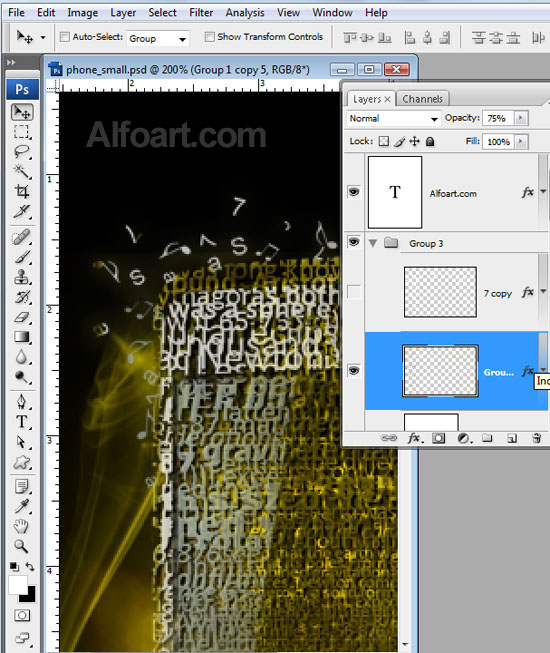 Cocept design, Golden cell phone fragmented into words and sounds.