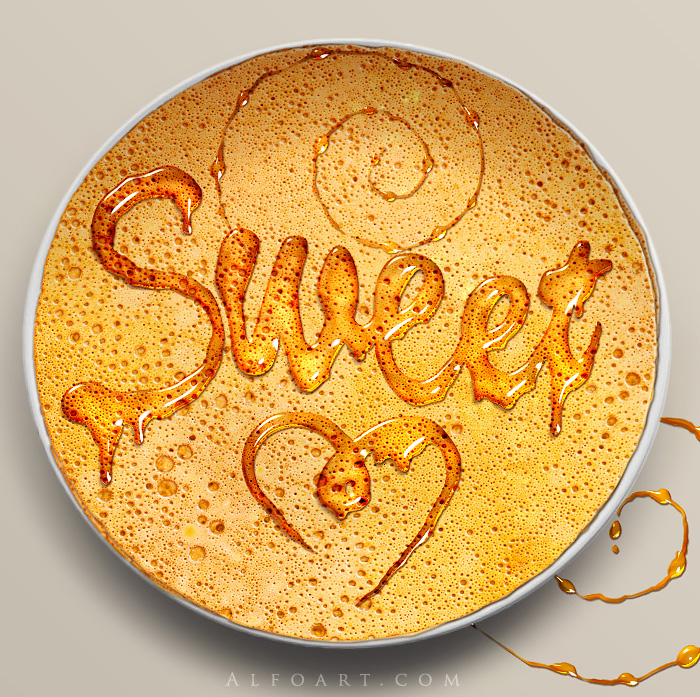 Honey leaking effect on the delicious pancake. Honey, sweet text effect, honey drops, realistic honey effect liquid honey, thin russian pancake.