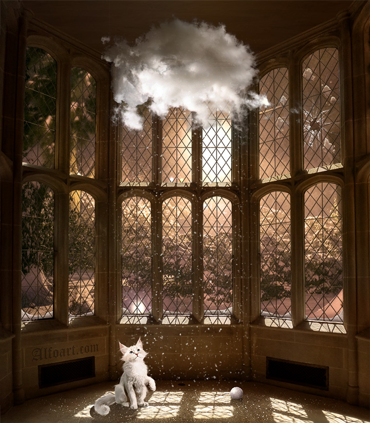 Snowfall from the magic cloud in old Tudor style house. Fairy tale winter scene with white cat, cloud inside the old house, animated snowfall, large window and beautiful night glow effects.