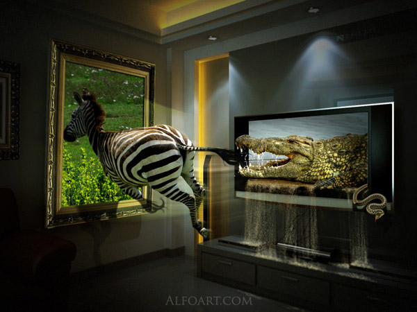 lcd plasma alive tv , midnight magic, zoo, zebra, crocodile, tv set, interior, mysterious room, horror room.