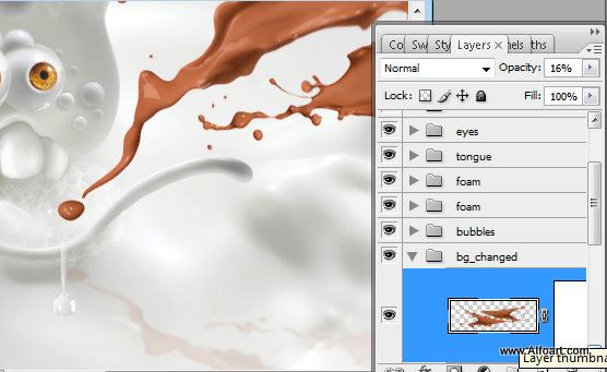 milk and chocolate, photoshop, splashes, monster, eyesballs, bubbles, cartoon character, cute, drops, hot chocolate, liquid