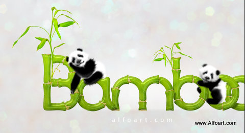 Cute baby panda & Bamboo text effect Pandas and realistic fresh and green bamboo plant illustration