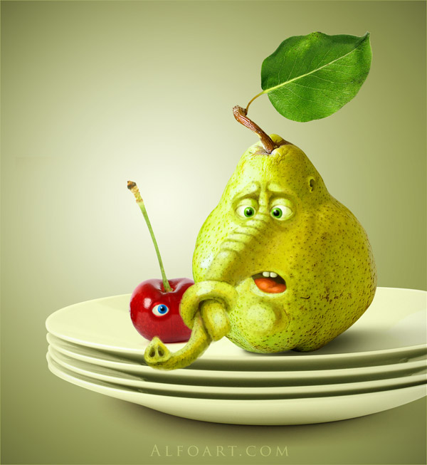funny fruits, digital painting, pear, cherry, elephant trunk, confused, plates, fruits with faces,