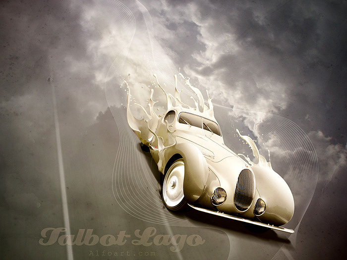 Luxury retro car poster with paint splashing effect. Talbot-Lago T-150 CSS