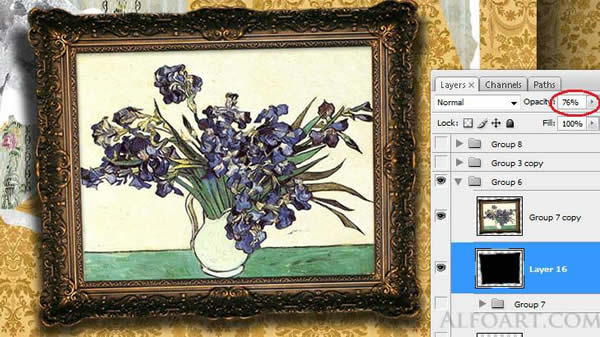 Vintage wallpaper effect. Old interior with Van Gogh picture.