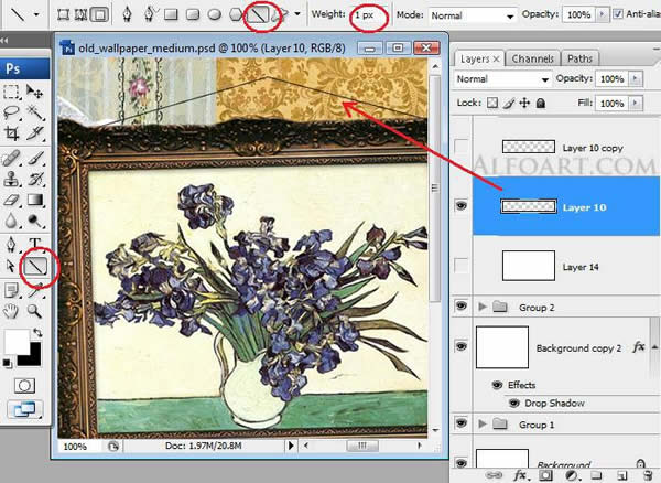 Vintage wallpaper effect. Old interior with Van Gogh picture.