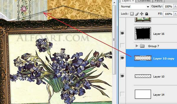 Vintage wallpaper effect. Old interior with Van Gogh picture.