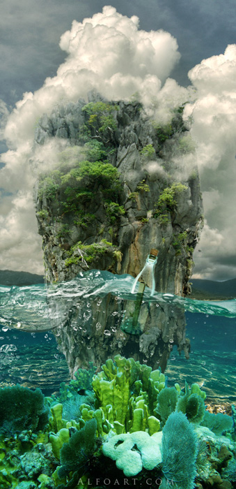 Message in a Bottle, bottle splashing in waves, Rough Water Surface, copy space, james bond island, close up of water wave, bubbles, tropic landscape, sea, ocean corals, seascape photomanipulation.