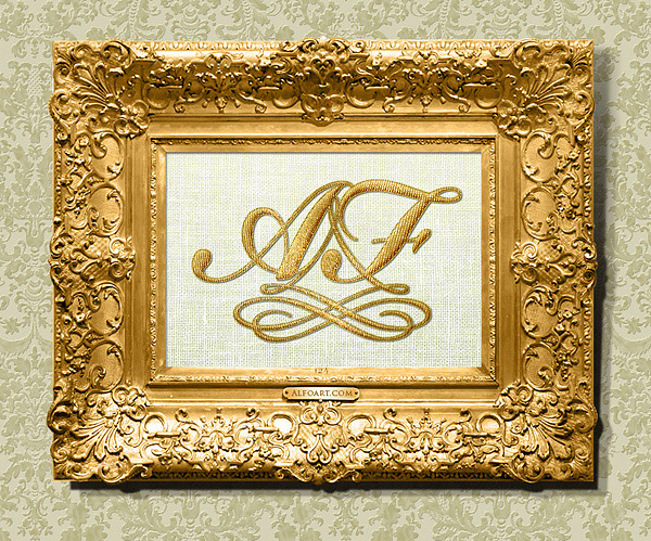 Vintage style monogram in the antique golden frame. Gold, tevture, wallpaper, vintage style, classic monogram.