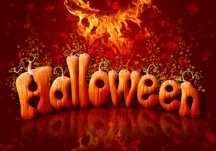 Halloween Style Font. How to create letters from pumpkin image with photoshop. Free pumpkin brushes.